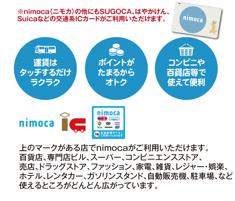 nimoca以外にもSUGOCA、はやかけん、Suicaなどの交通系ICカードがご利用頂けます。